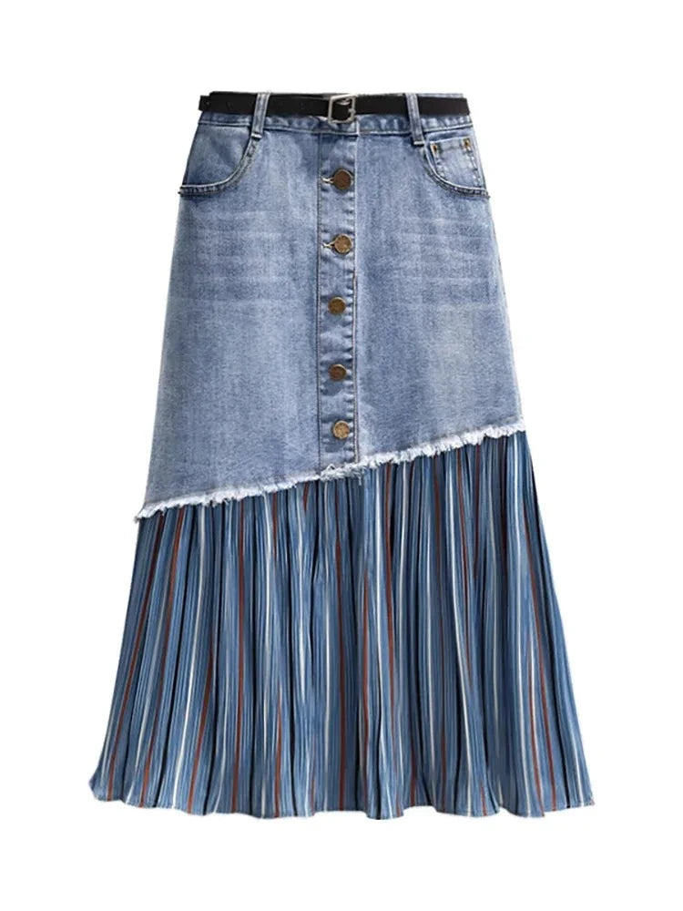 Denim Skirt High Waist Patchwork