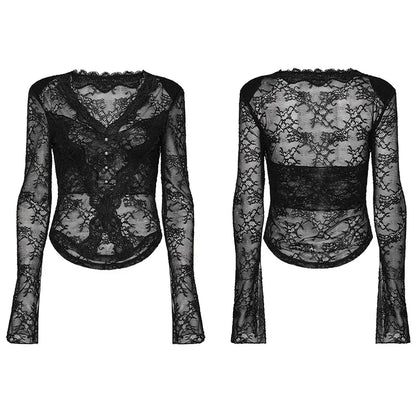 Flower Mesh Black Tops Tees Women Clothes