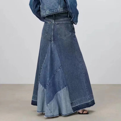 Denim Skirt Long Women Blue Patchwork