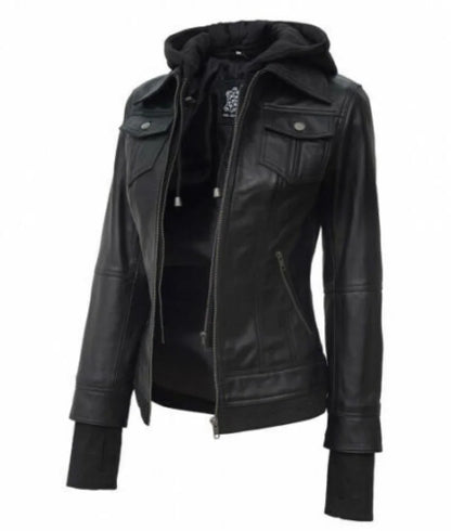 Jacket with Fleece Removable Hood Genuine Leather