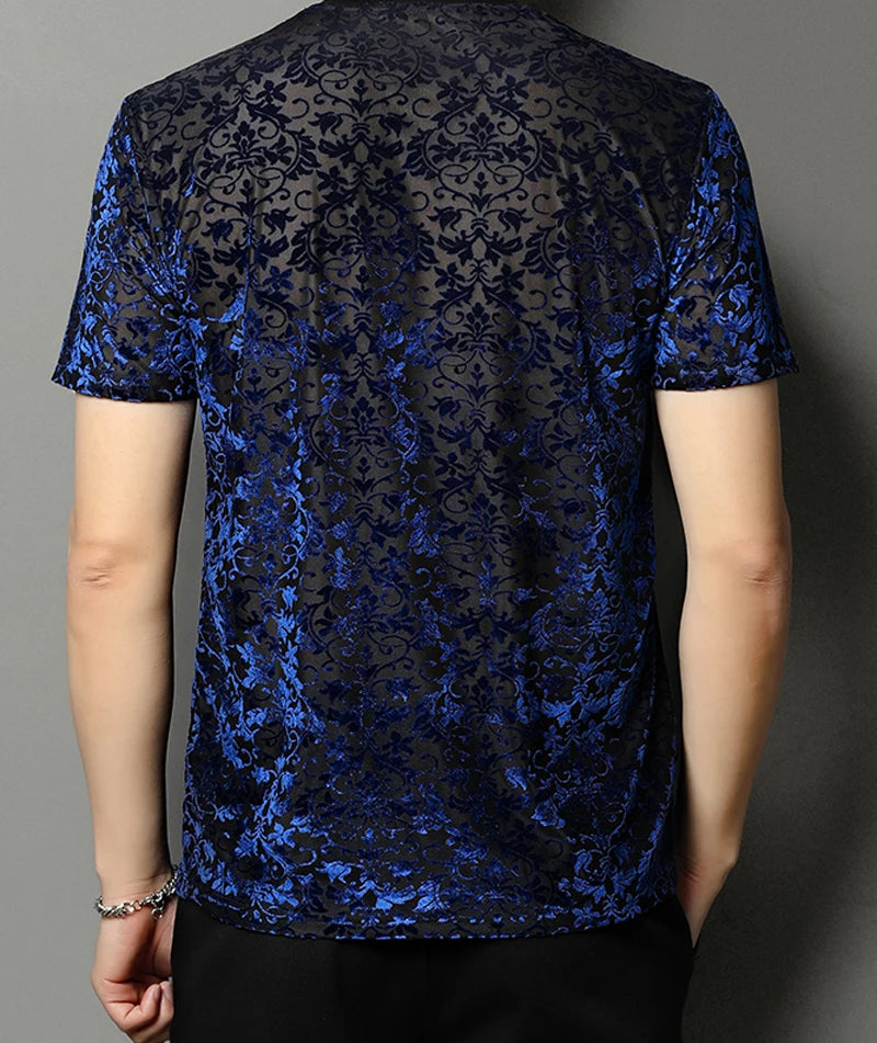 Royal Blue Floral Embroidery Transparent Tshirt