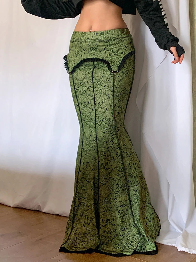 Vintage Fashion Elegant Green Trumpet Long Skirt