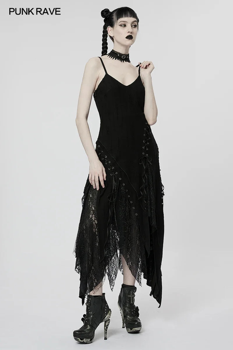 Gothic Elegance: Irregular Mesh Slip Dress