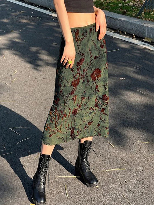 Green Midi Skirts Women Vintage