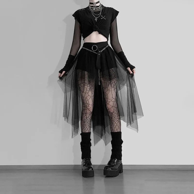 Gothic Mesh High-Waisted Asymmetrical Skirt