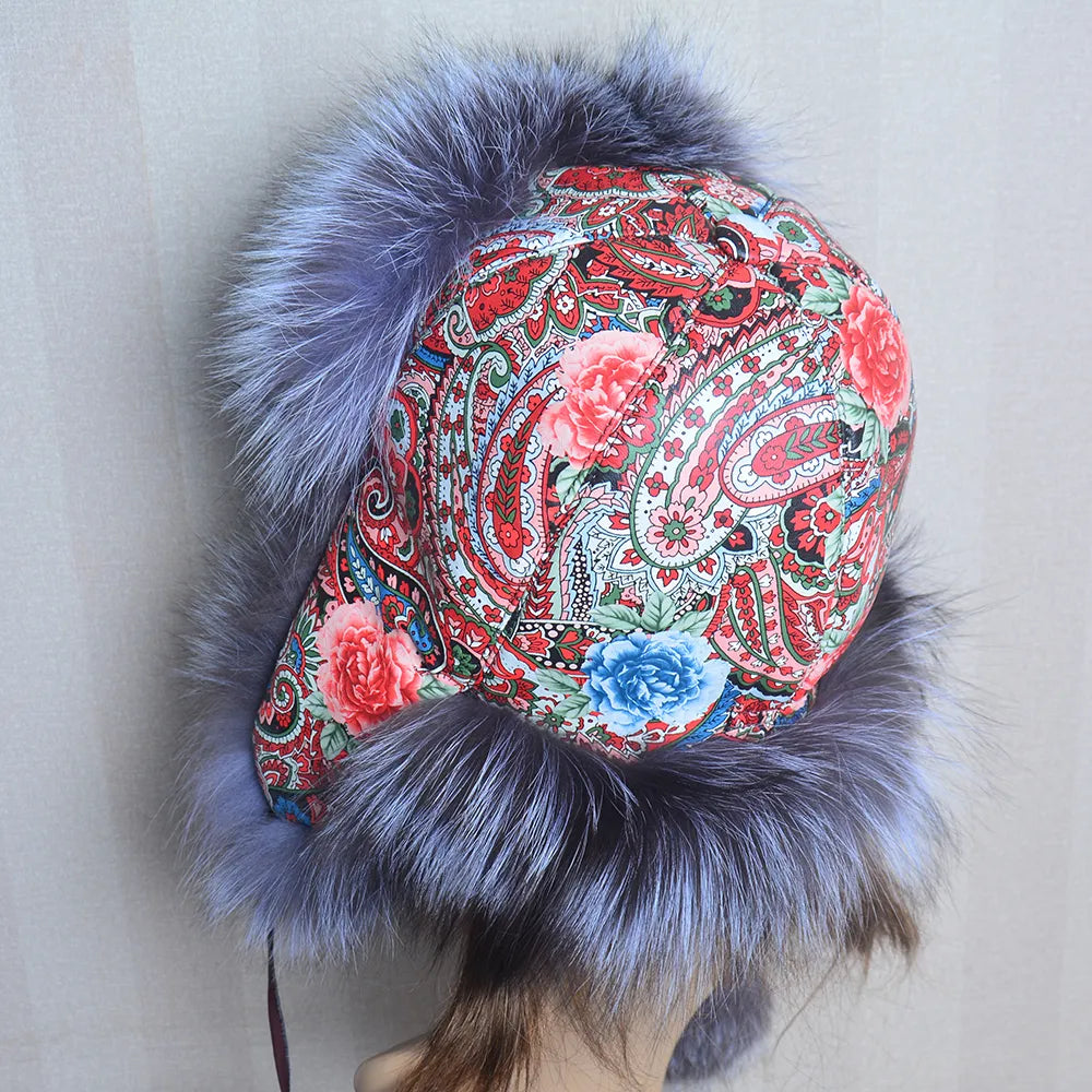 Winter Hat with Ear Real Fox Fur Caps Russian Women