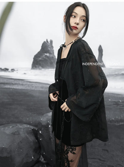 Summer Elegance: Crane Emblem Black Jacket for Women