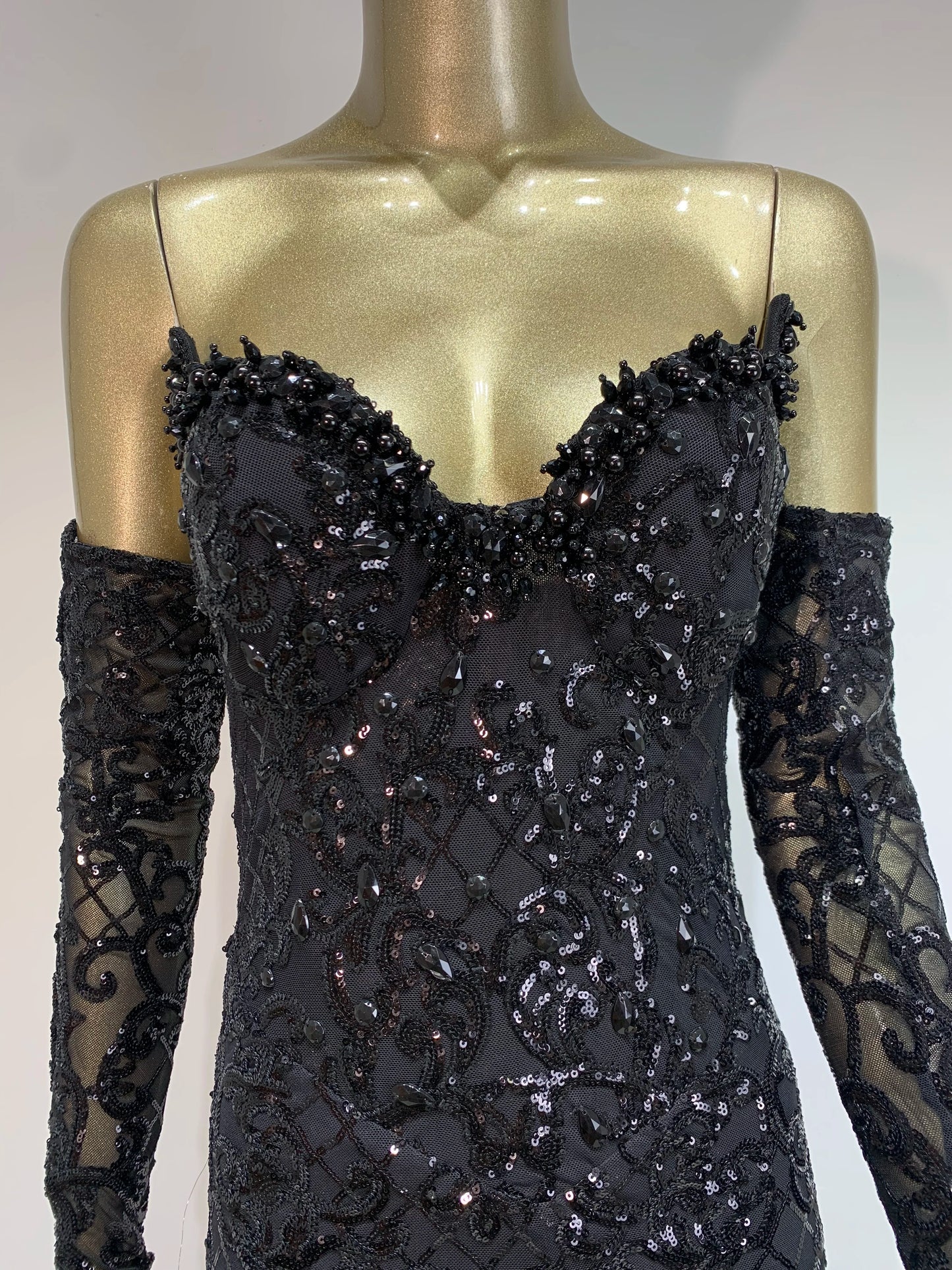 Elegant Black V-Neck Maxi Dress with Gloves & Sequins