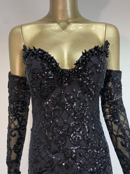 Elegant Black V-Neck Maxi Dress with Gloves & Sequins