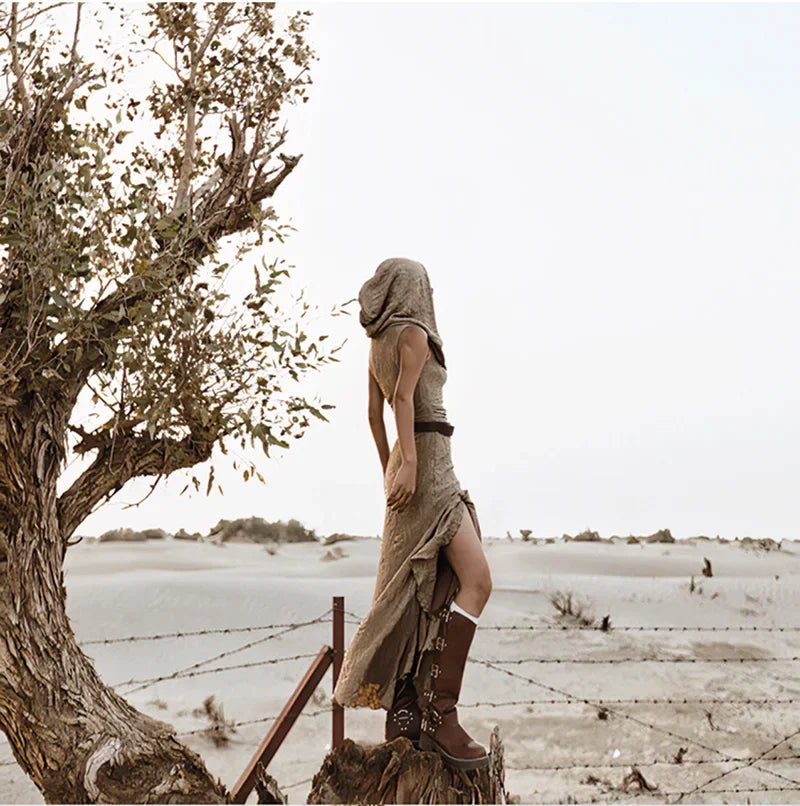 Desert Chic: 2-Piece Hooded Dress & Oversleeves Set
