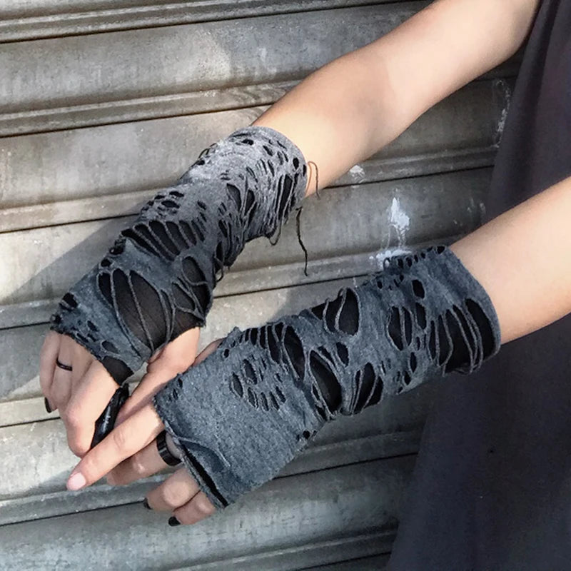 Black Broken Slit Gloves with Holes