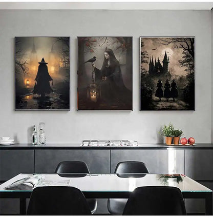 Spooky Retro Wall Art: Witch & Crow Canvas