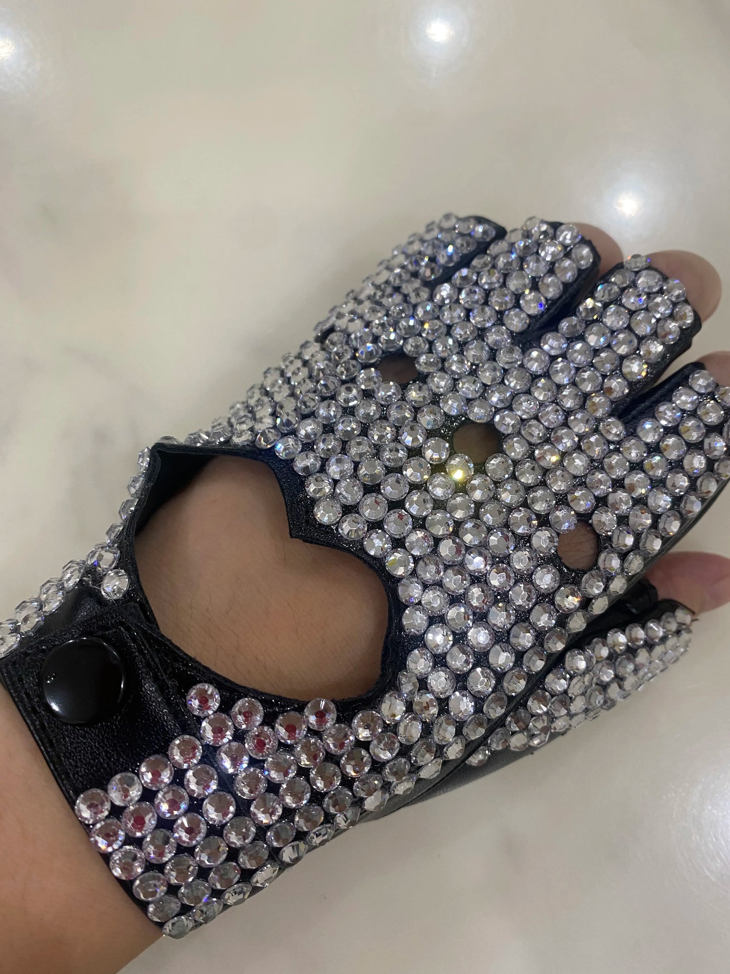 leather fingerless heart cut out rhinestone gloves