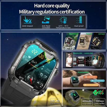 Rugged Military Smart Watch Men For Android IOS Ftiness Watches Ip68 Waterproof 1.85'' AI Voice Bluetooth Call Smartwatch 2023