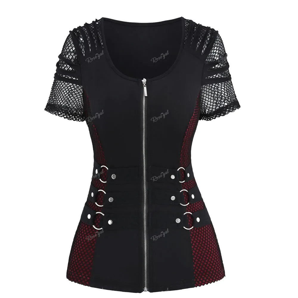 Gothic Plus-Size Fishnet Zipper Top for Summer Fun