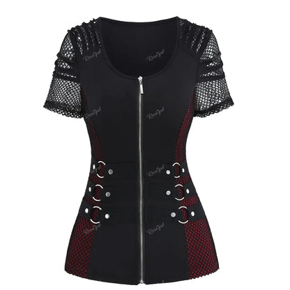 Gothic Plus-Size Fishnet Zipper Top for Summer Fun