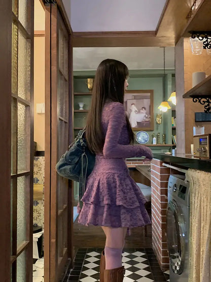 Lace-Inspired Slim-Waist Y2K Tunic Dress