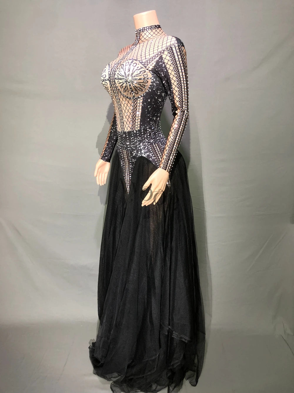 Sparkly Rhinestones Black Mesh Long Dress