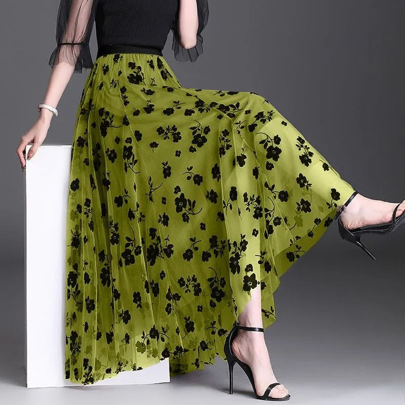 Flocking Floral Pirnted Long Mesh Skirt