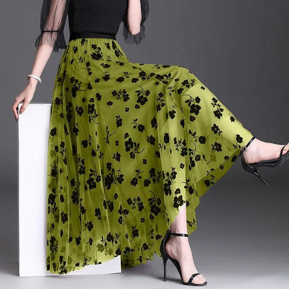 Flocking Floral Pirnted Long Mesh Skirt