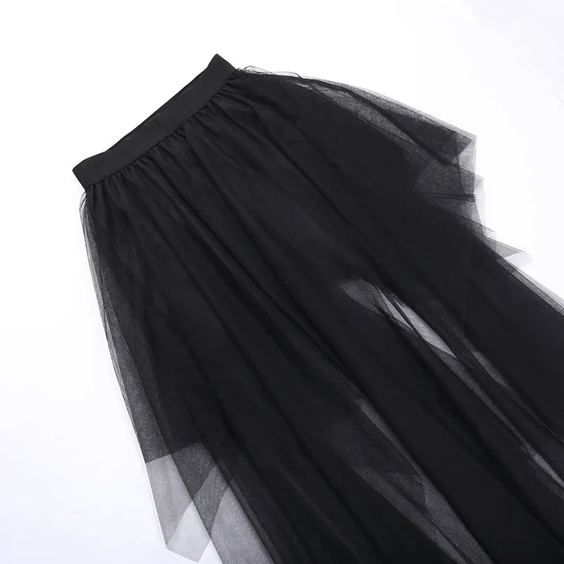 Gothic Mesh High-Waisted Asymmetrical Skirt