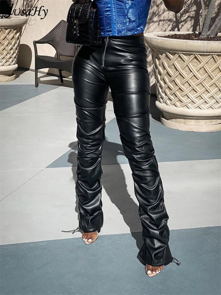 Faux PU Leather Pleated High Waist Black Stacked Pant