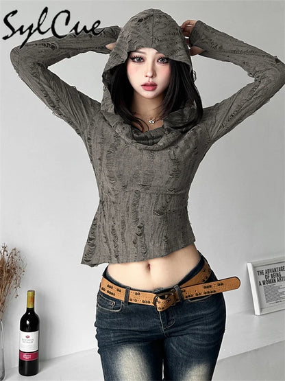 Distressed Hollow Retro Thin Hooded Top