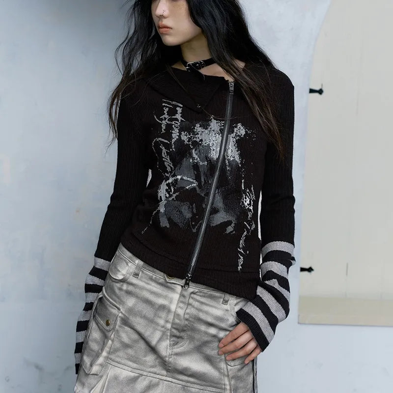 Grunge Graffiti Print Zipper T-shirt Vintage