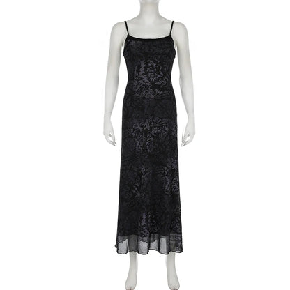 Dark Printed Lace Trim Mesh Dress
