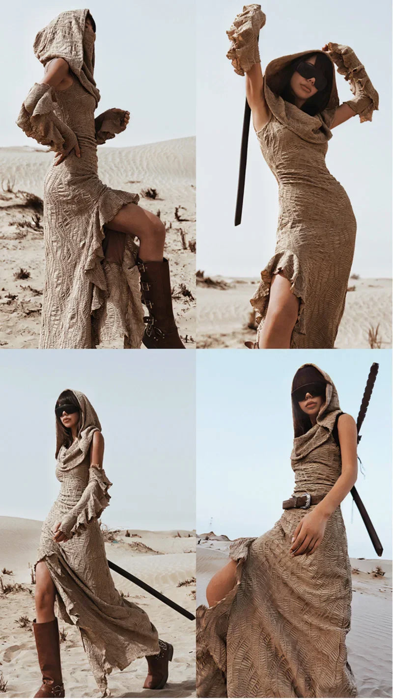 Desert Chic: 2-Piece Hooded Dress & Oversleeves Set