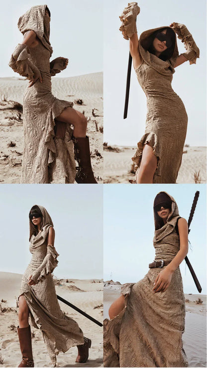 Desert Chic: 2-Piece Hooded Dress & Oversleeves Set