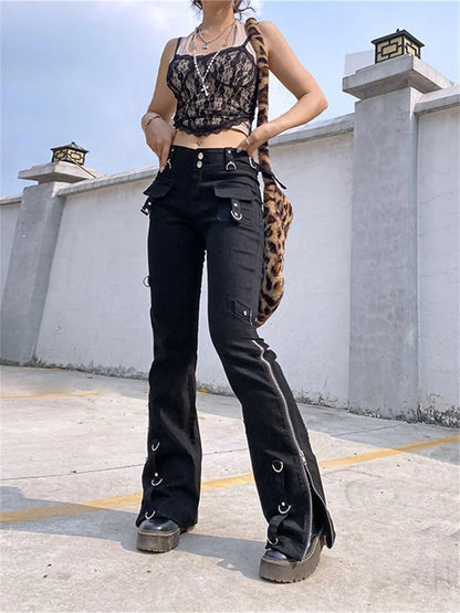 Punk Rivets Zipper Black Cargo Pants