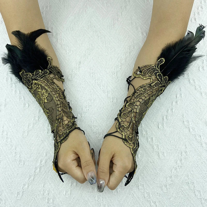 Natural Feather Gold Lace Long Gloves