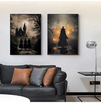 Spooky Retro Wall Art: Witch & Crow Canvas