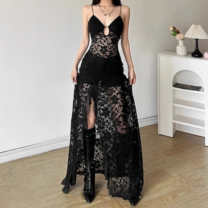 Luxe Lace V-Neck Ruffle Evening Dress