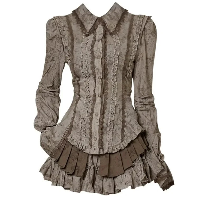 Elegant Vintage Lapel Neck Lace Shirts Women