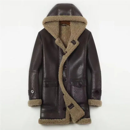 Gentleman Genuine Shearling Fur Coat with a Hood