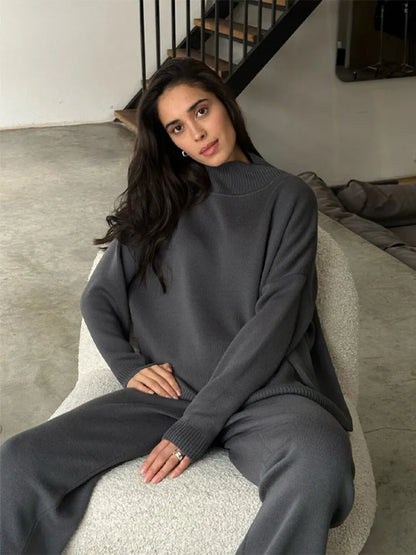 Sweater Set Loose Knitwear Straight Pants Suits