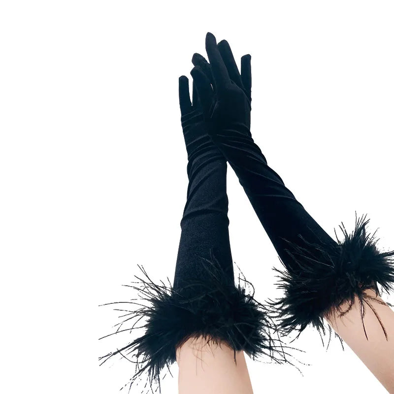 Elegant Ostrich Feather Patchwork Long Velvet Glove