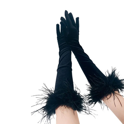 Elegant Ostrich Feather Patchwork Long Velvet Glove