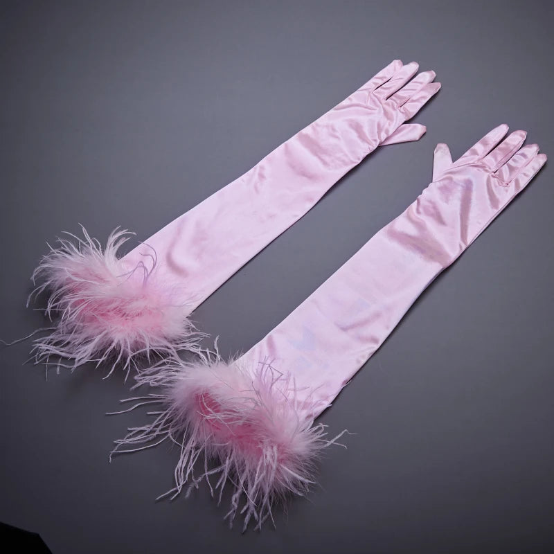 Elegant Ostrich Feather Patchwork Long Velvet Glove