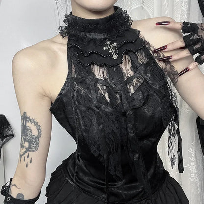 Nostalgic Lace Gothic Crop Tank for Retro Street Style