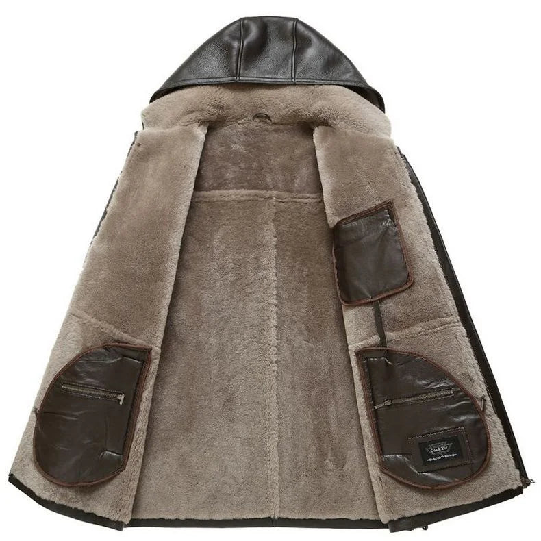 Genuine Leather Sheepskin Coats Thick Hooded