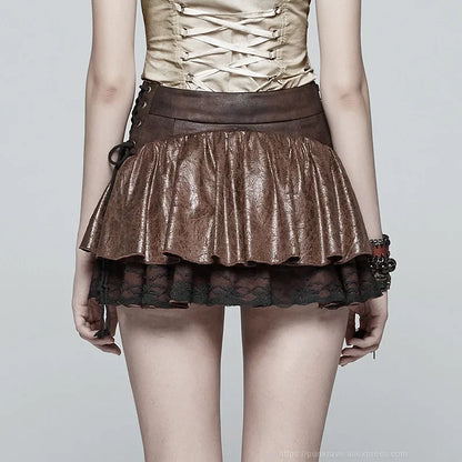 Ruffles Pu Leather A-Line Miniskirt