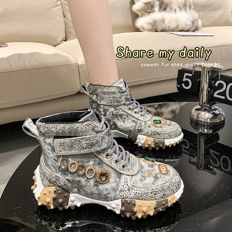 Winter Ladies Warm Vulcanized High Top Plus Fashion Rhinestone Decorative Lace-up Women flat shoes Sneakers creepers