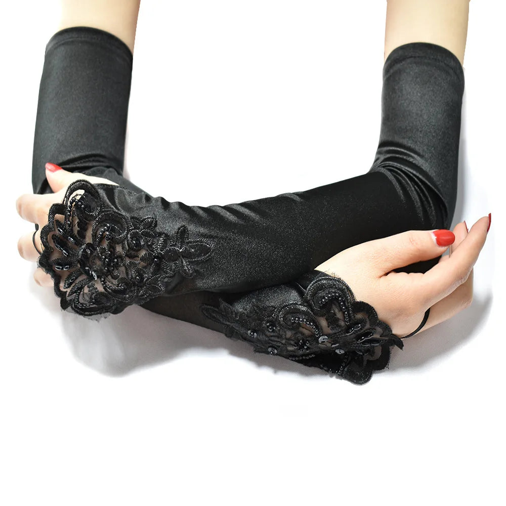 Long Satin Lace Embroidery Hook Finger Gloves