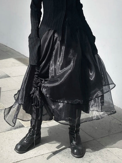 High Elastic Waist Irregular Organza Long Casual Black Half-body Skirt