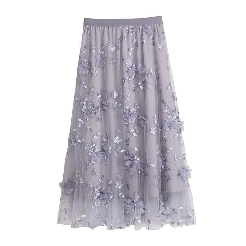 Three-dimensional Floral Decorated Long Mesh Skirts