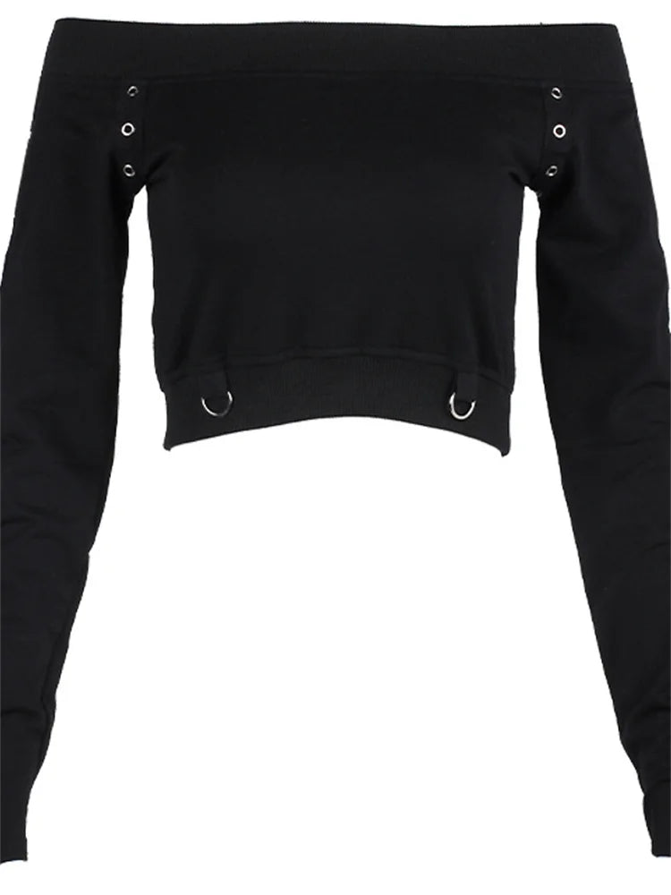 Gothic Punk Slash Neck Crop Top — Y2K Long Sleeve