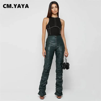 Skinny Full Length Mid PU Leather Pleated Women Bottoms Pants